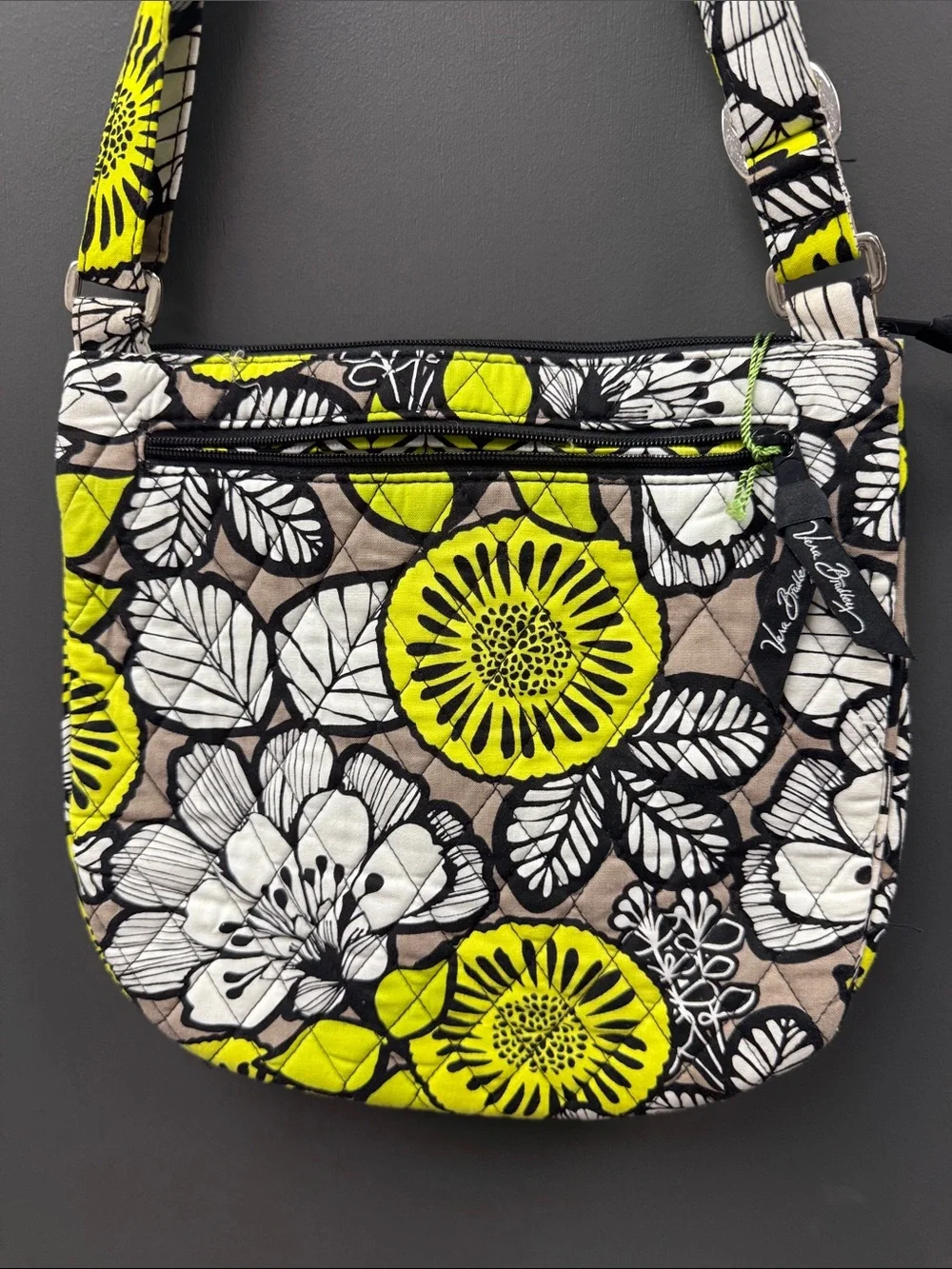Vera Bradley Saddle Hipster Citron  Neon Yellow Floral Quilted Shoulder Bag